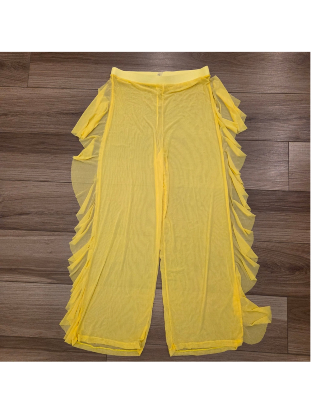 Bright yellow sheer mesh wide-leg cover-up pants w/ side ruffles size large